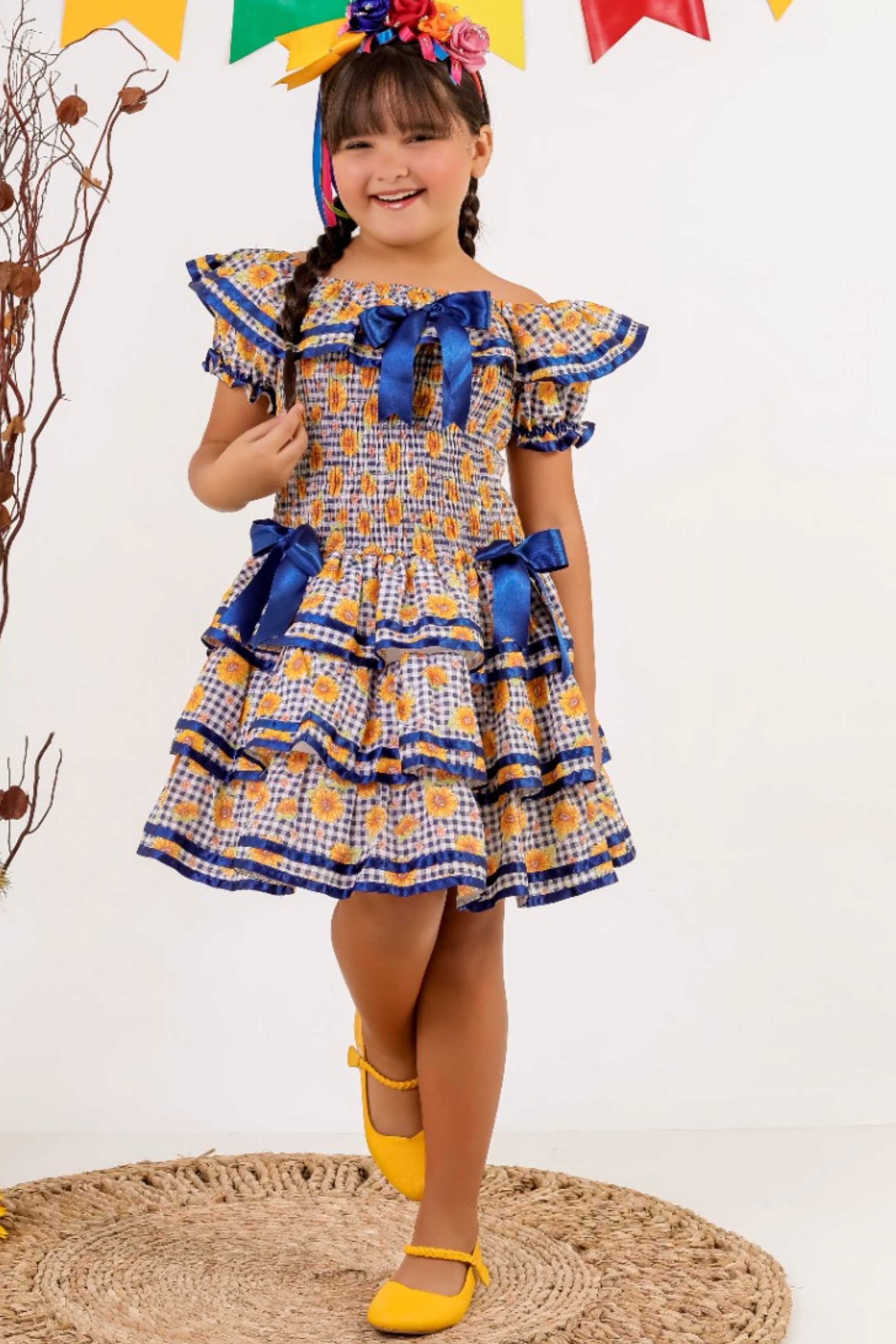 Vestido de Festa Junina Cantinho Do Nordeste Girassol Azul