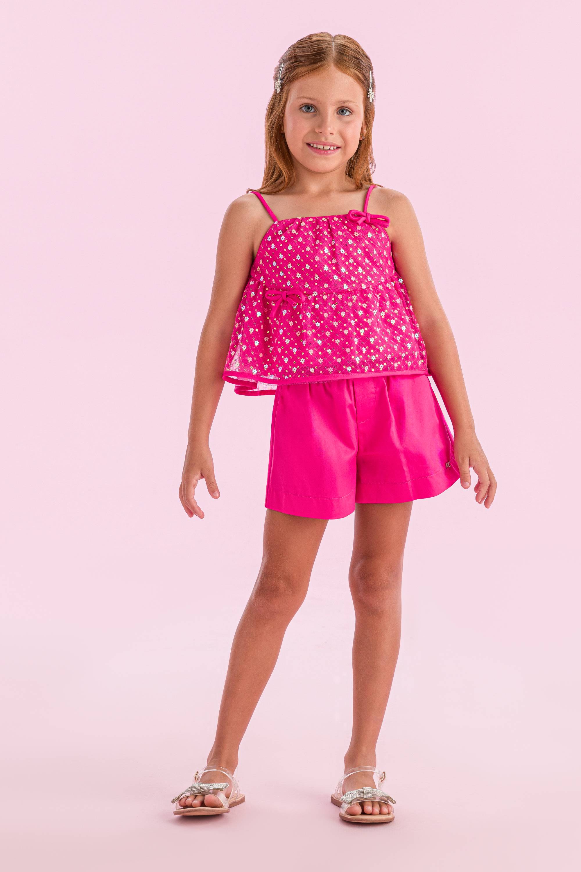 Conjunto Short e Blusa Infantil Petit Cherie Tule Bordado Pink