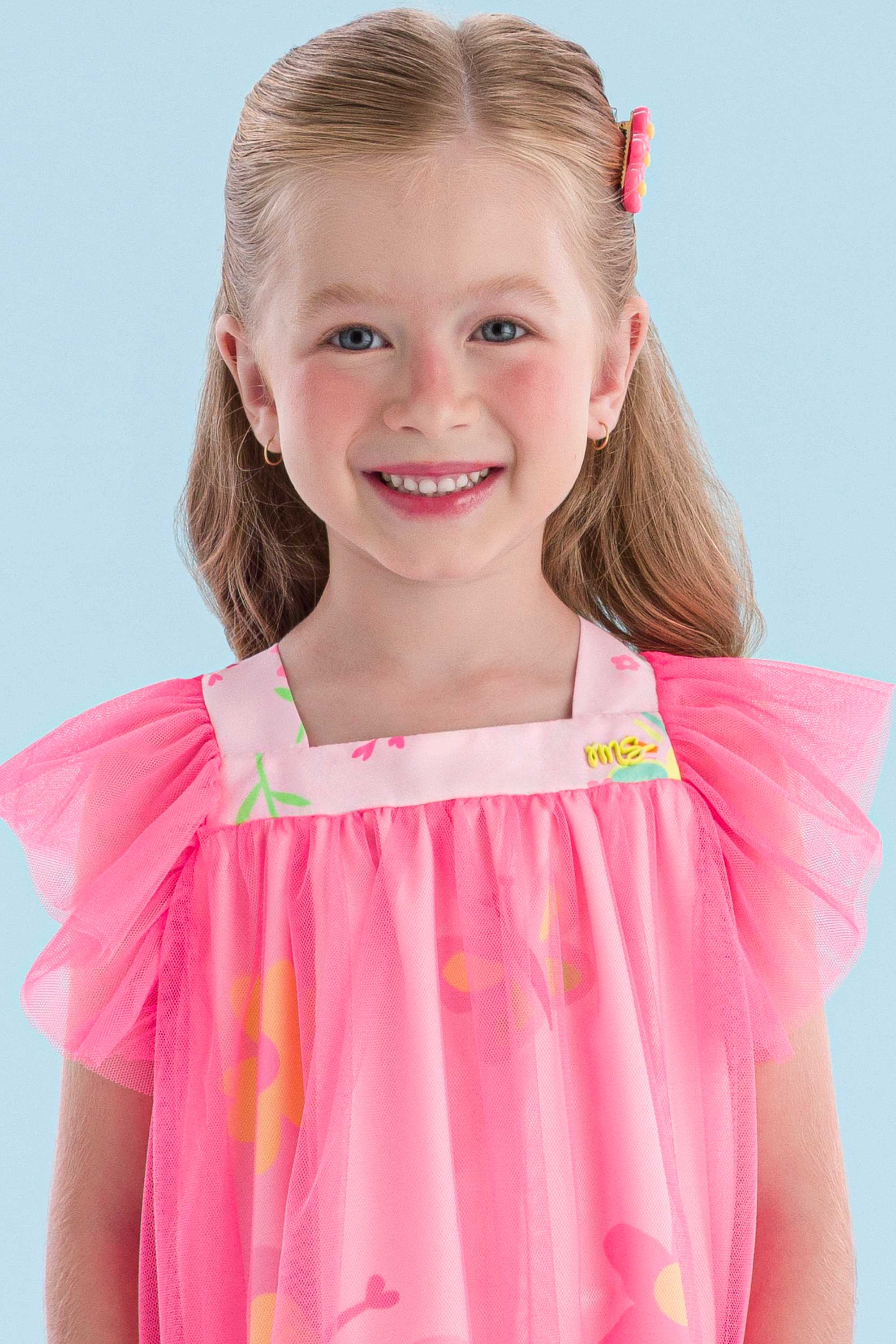 Vestido Casual Infantil Mon Sucré Tule Rosa Neon