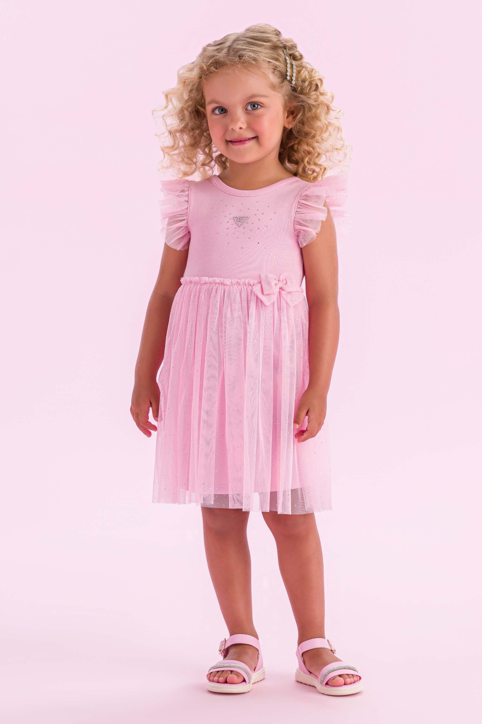 Vestido Casual Infantil Petit Cherie Rosa Com Tule