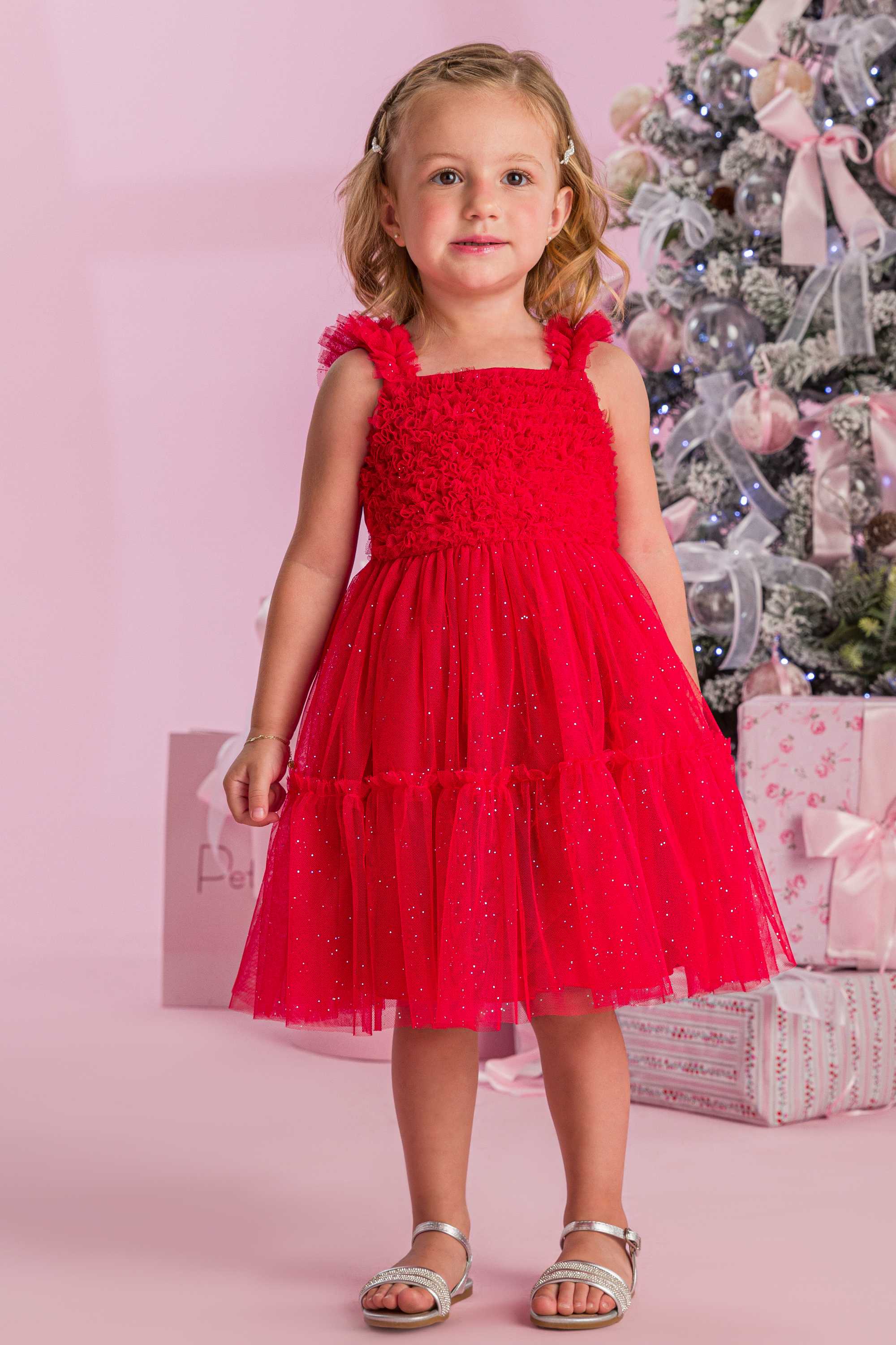 Vestido Festa Infantil Petit Cherie Tule Vermelho Com Babadinho