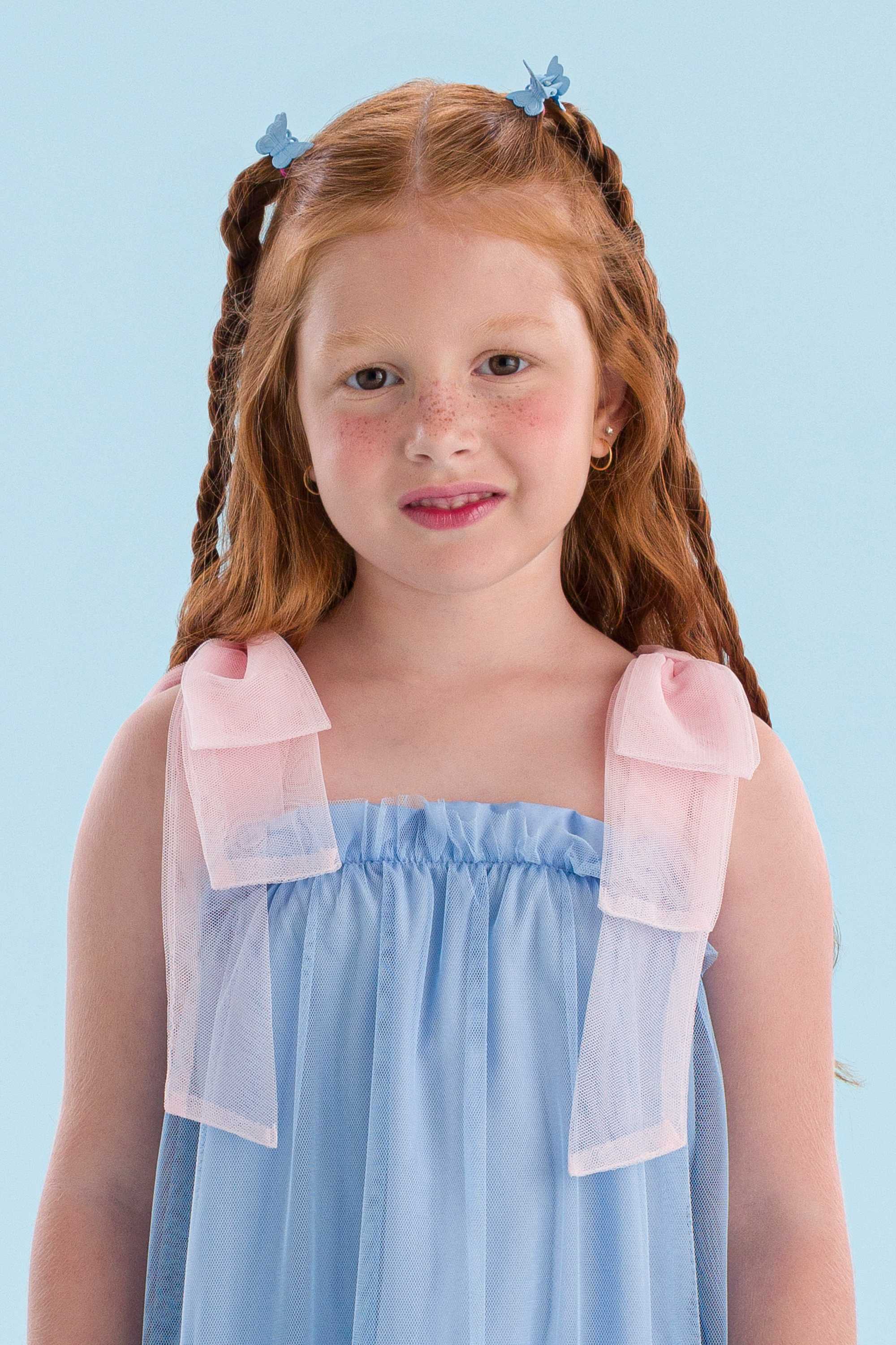 Vestido Casual Infantil Mon Sucré Tule Rosa e Azul